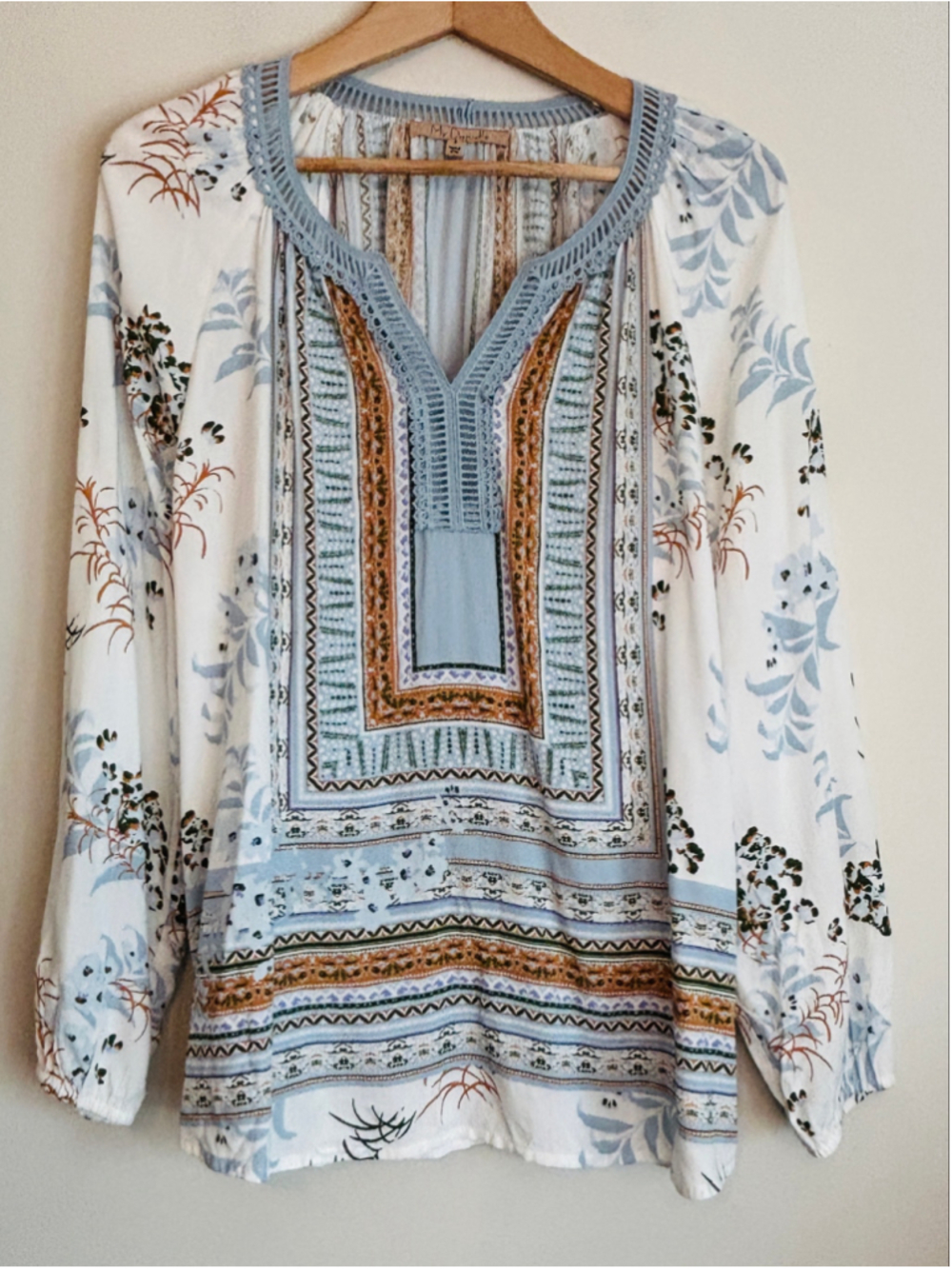 My Danielle Floral Boho Long Sleeve Blouse Size L Hipster Bohemian Indie